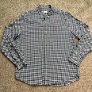 Next Men Button-Down Shirt XL Navy White Gingham Check Stag Buck Embroidery